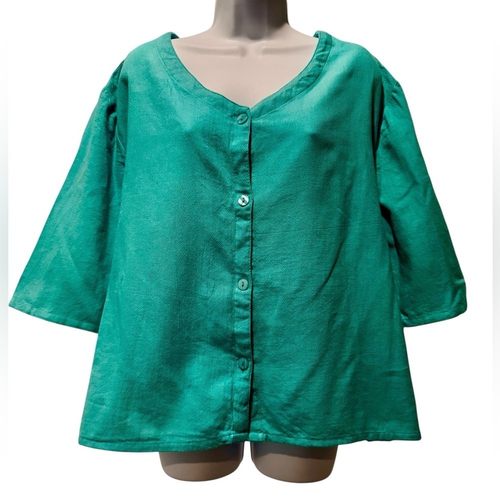 The Tog Shop Teal 100% Cotton Button Front Blouse Top L Boho Coastal